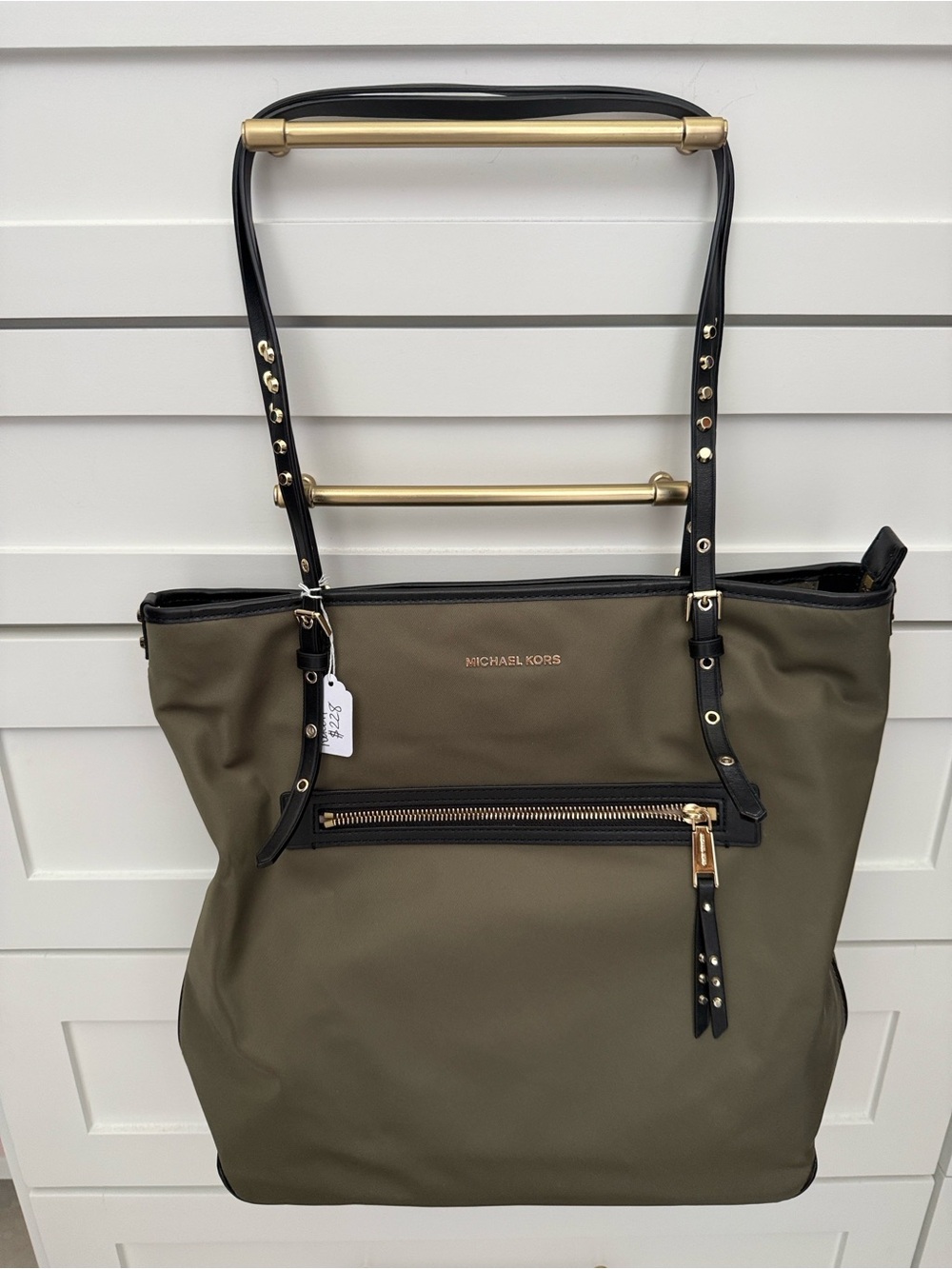 Michael Kors Olive Green Leila Nylon Tote with Black Trim
